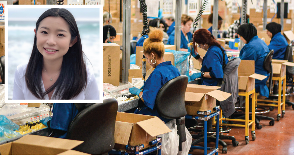 Manufacturing facility overlayed with Victoria Xie headshot