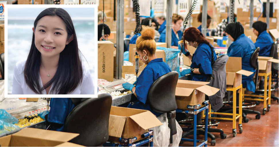 Manufacturing facility overlayed with Victoria Xie headshot image link to story