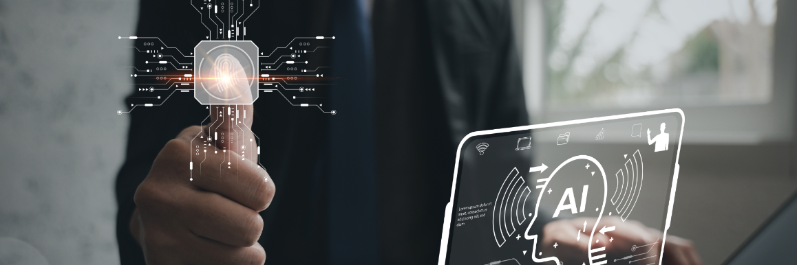 Person in a suite interacting with digital interfaces related to artificial intelligence (AI) and future technology