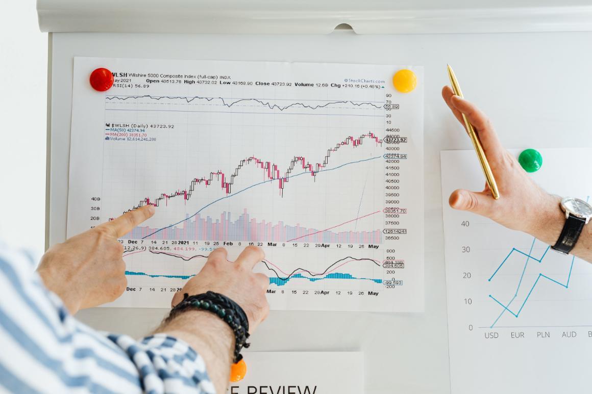 Hands point to a printed Wilshire 5000 stock chart showing an overall upward trend, with a hand holding a pen beside it.