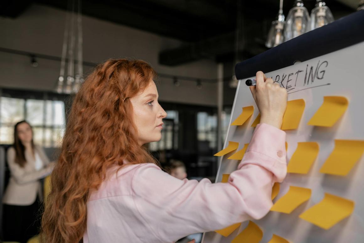 Marketing professional writing on a whiteboard