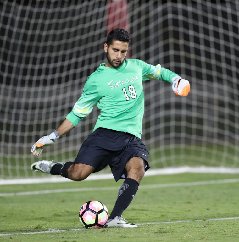 Leavey alumni Pasha Hashemi playing soccer during his time as a Santa Clara University Bronco