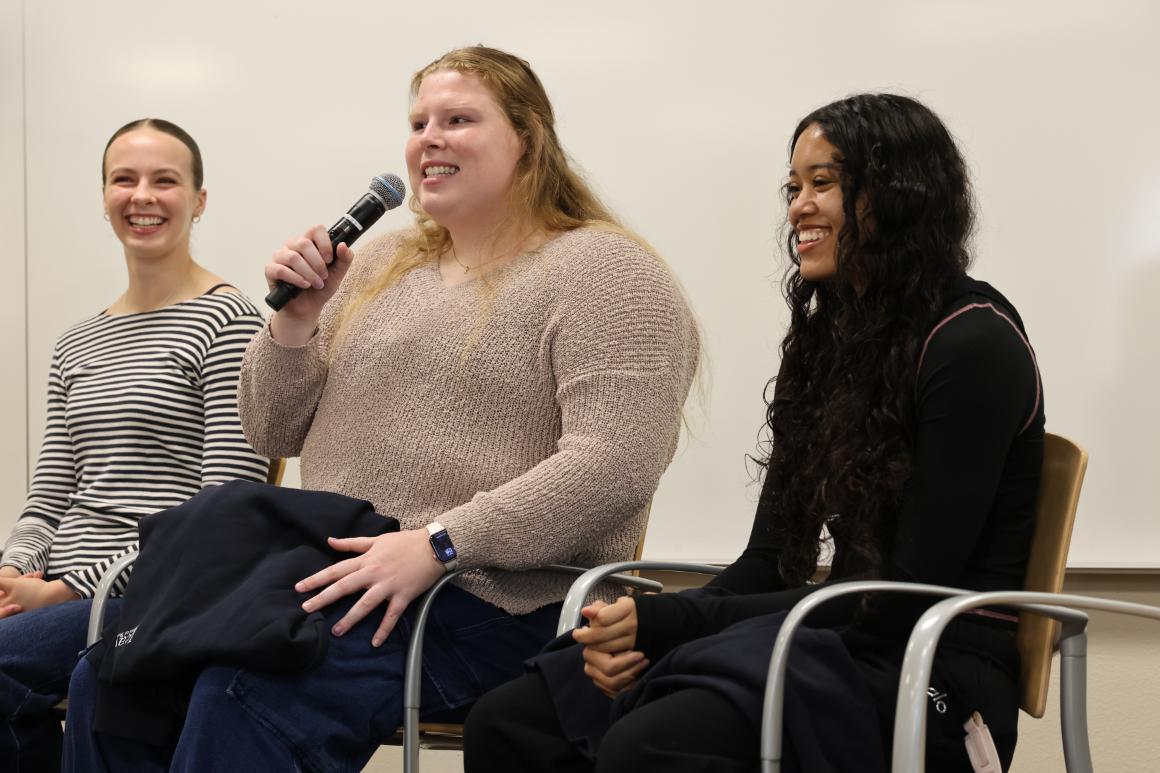 Leavey MSM alumnae, MBA candidate, and women's basketball graduate assistant answering question on panel
