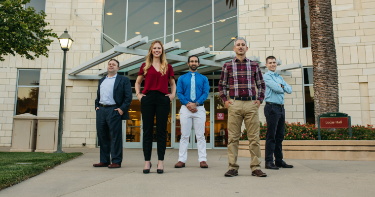 Leavey MBA candidates outside Lucas Hall