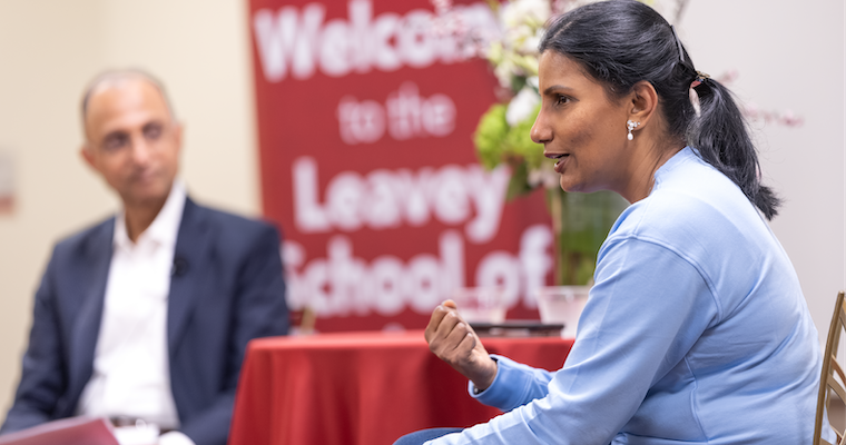 Leavey Executive MBA alumnae Meerah Rajavel speaking to crowd at event