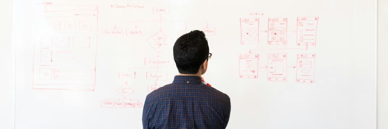 Professional looking at options on a whiteboard