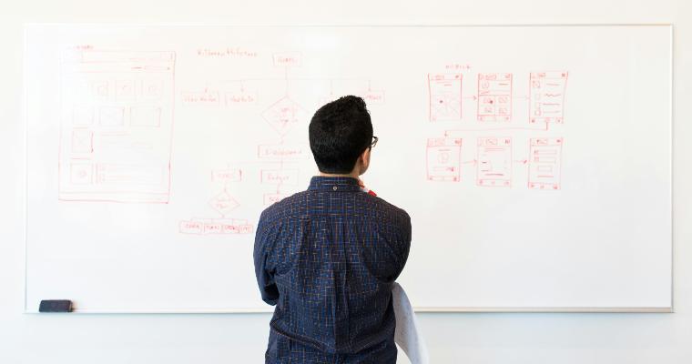 Professional looking at options on a whiteboard