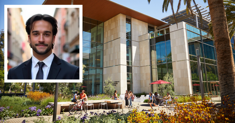 Santa Clara University Sobrato Center for Discovery and Innovation overlayed with Nicolas Godoy headshot