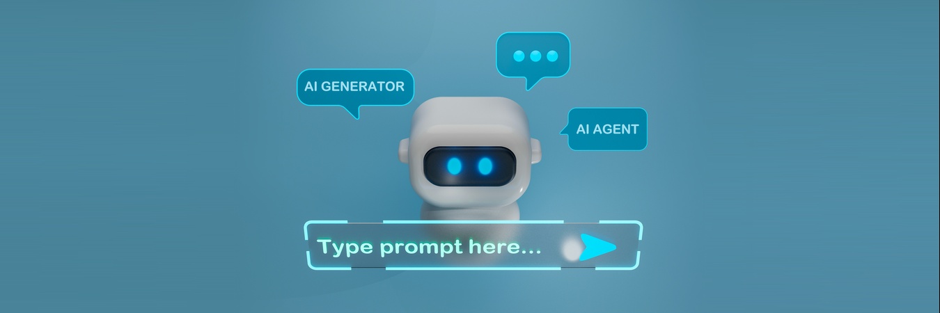 A white robot with blue eyes and speech bubbles
