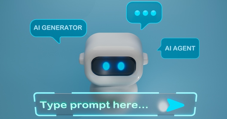 A white robot with blue eyes and speech bubbles