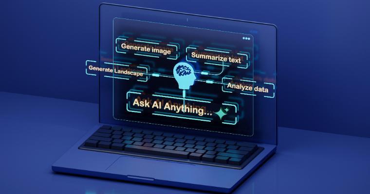 A laptop displays a holographic interface with phrases like Generate image and Summarize text