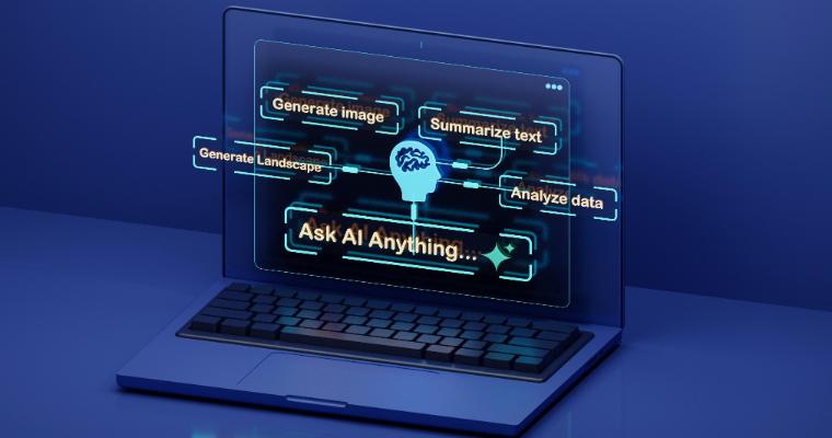 A laptop displays a holographic interface with phrases like Generate image and Summarize text