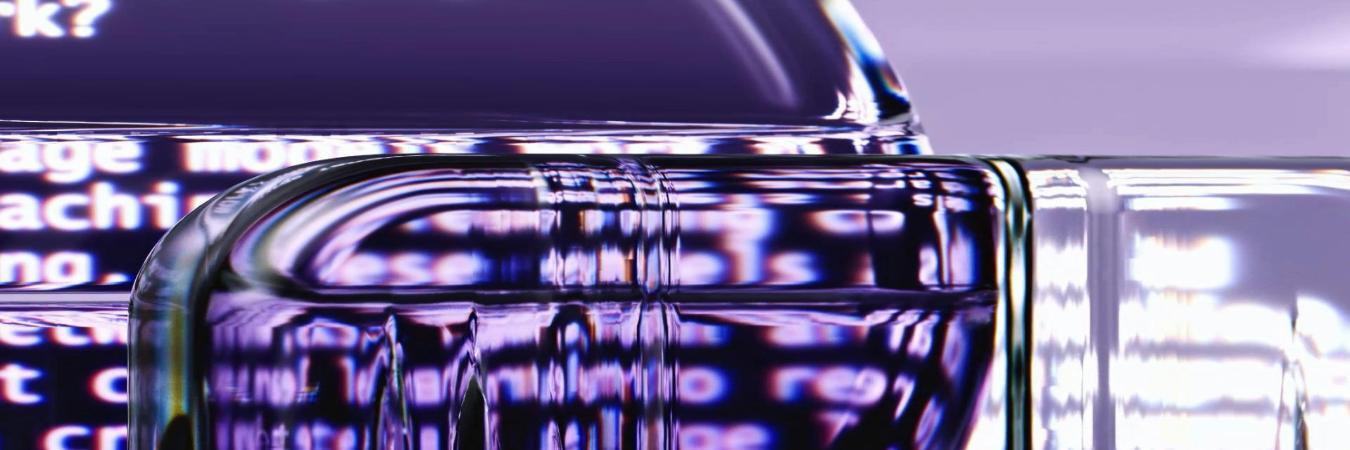 Text on a distorted glass surface reads: `How do large language models work?` and describes them as machine learning systems using neural networks and large data sets.