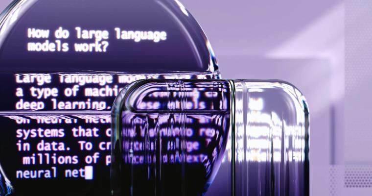 Text on a distorted glass surface reads: `How do large language models work?` and describes them as machine learning systems using neural networks and large data sets.