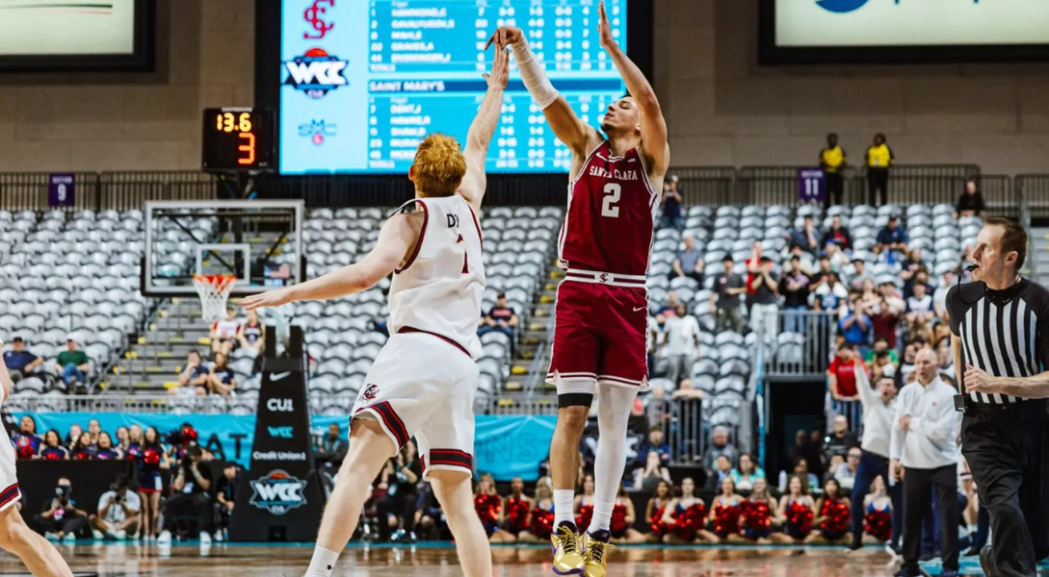 Santa Clara guard Sash Gavalyugov mid-shot in WCC semifinal vs. St. Marys College