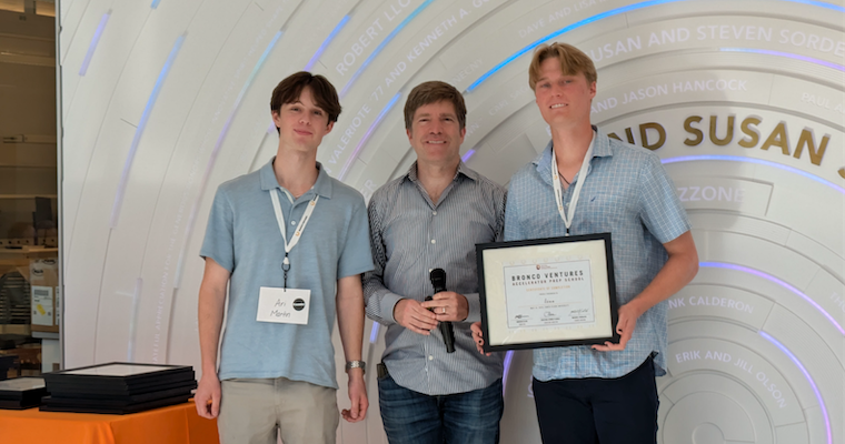 Leavey students, recognized by Poets&Quants, receiving certificate of completion for Bronco Ventures Accelerator program