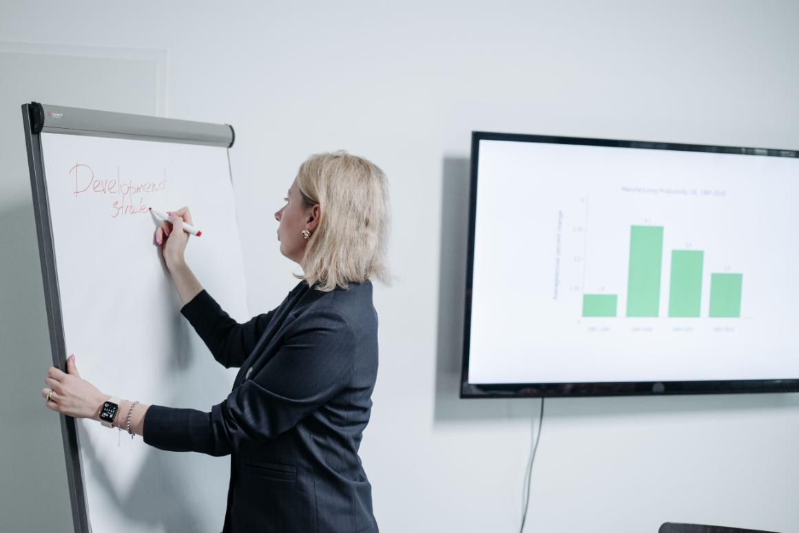 A woman in a dark blazer writes Development Strategy on a whiteboard, while a large screen behind her displays a green bar chart of productivity.