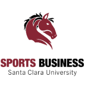 SCU Sports Business text, maroon swoosh logo above, in black and maroon colors.