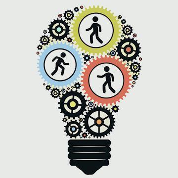 Illustration of a lightbulb with gears and silhouettes of people moving.