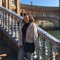 A person standing on a bridge in front of a historic building.