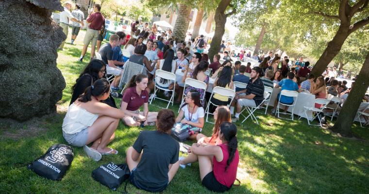 Students sitting outdoors in groups during orientation event, 2018. 