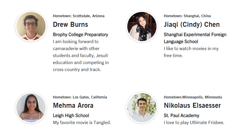 Four incoming business student profiles.