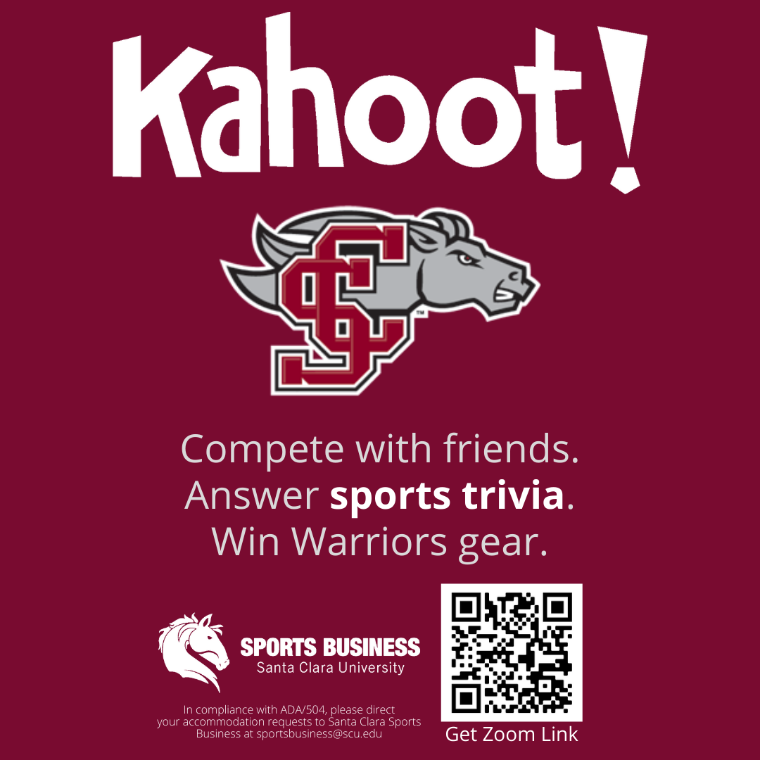 Kahoot! Sports Business Trivia Night event. Compete with friends. Answer sports trivia. Win Avantis gear. QR code for more information.