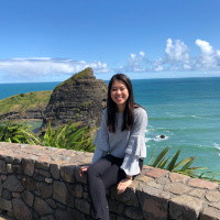 A person sitting on a stone wall with an ocean view background.