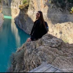 A person sitting near a beautiful canyon with turquoise water.