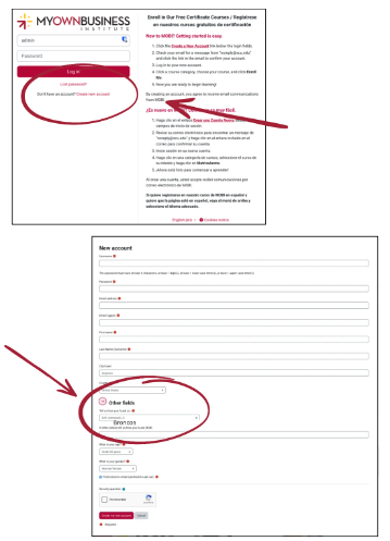 Screenshot of the MOBI LMS Login and Create an Account windows