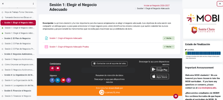 Captura de pantalla del progreso de la sesión y del cuestionario en la plataforma de aprendizaje de MOBI para la Sesión 1 del curso Iniciar un Negocio.