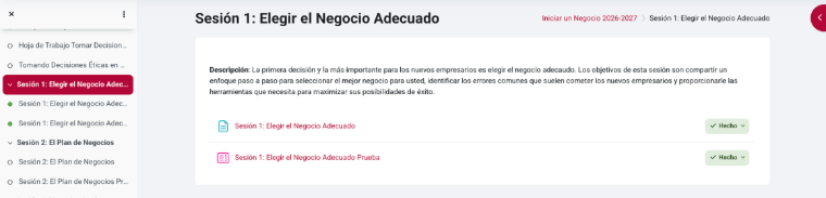 Captura de pantalla del progreso de la sesión en la plataforma de aprendizaje de MOBI para la Sesión 1 del curso Iniciar un Negocio.