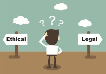 Illustration of a man standing in front of two signs: ethical and legal