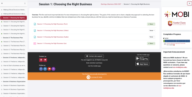 Session Progress and Quiz Progress Screenshot from MOBIs learning management system for Session 1 in the Starting a Business course.
