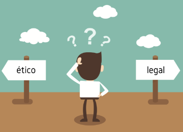 Illustration of a man deciding between legal and ethical arrows