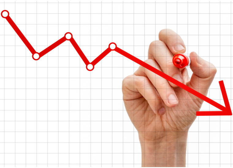 Graph showing an arrowed red line declining to the right