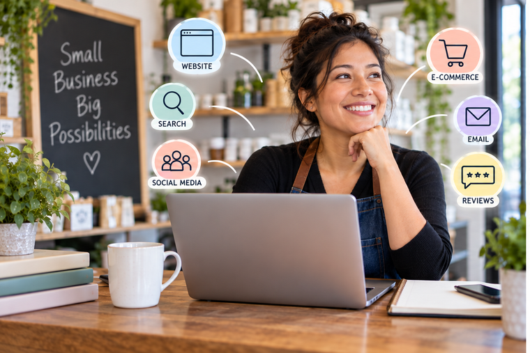 Woman sitting in front of a laptop in her shop, she is smiling and looking into the distance, icon images are in speech bubbles around her head with the words, social media, search, website, ecommerce, email, and reviews.