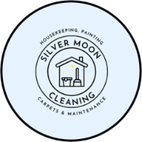 Circular logo with cleaning supplies in outline of a house