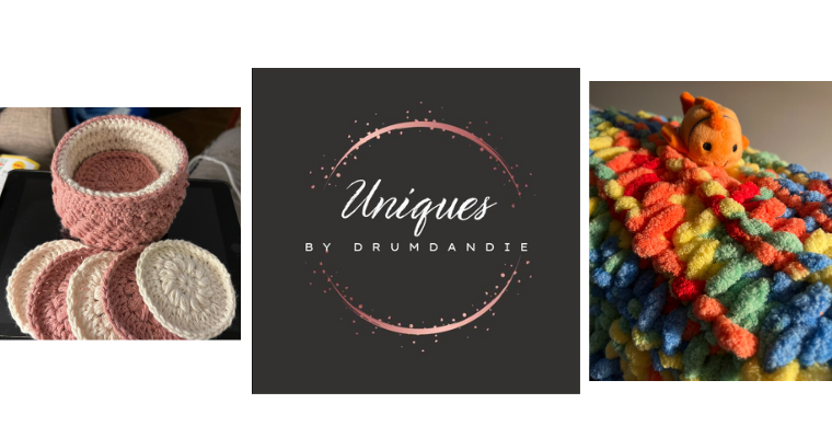 Drumdandie logo and photos of crochet items