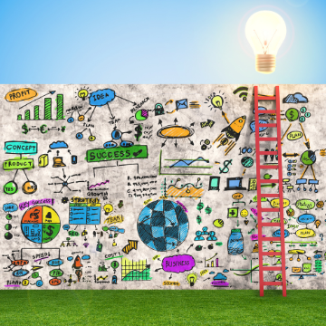 Illustration showing a ladder to a lightbulb and many business components