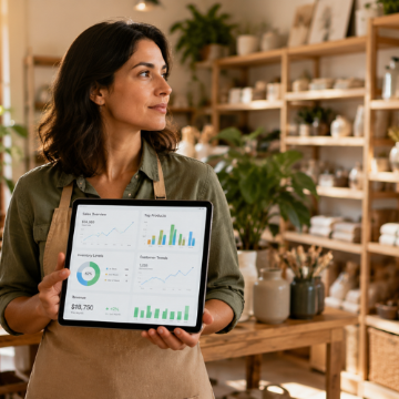 Woman home decor shop owner holding a tablet screen that shows different charts and graphs.