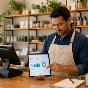 Male store owner standing behind the counter and showing his digital screen with bar charts and graphs.