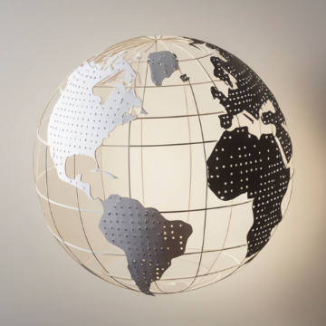 A wireframe world globe with continents