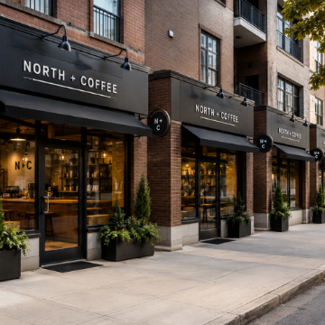 Row of three coffee shops with the same name on a street