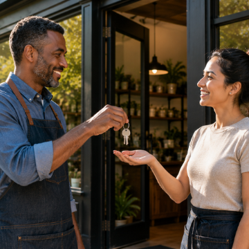 A male shop owner handing over a set of keys to a woman, both wearing aprons and standing in front of a retail plant store.