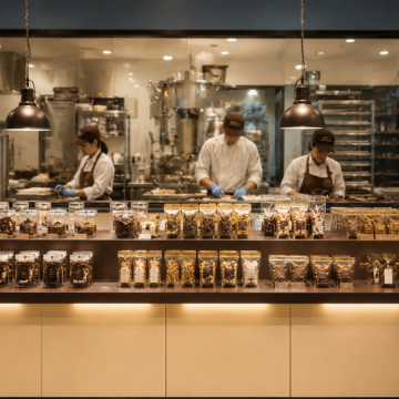 Three people working in a candy shop