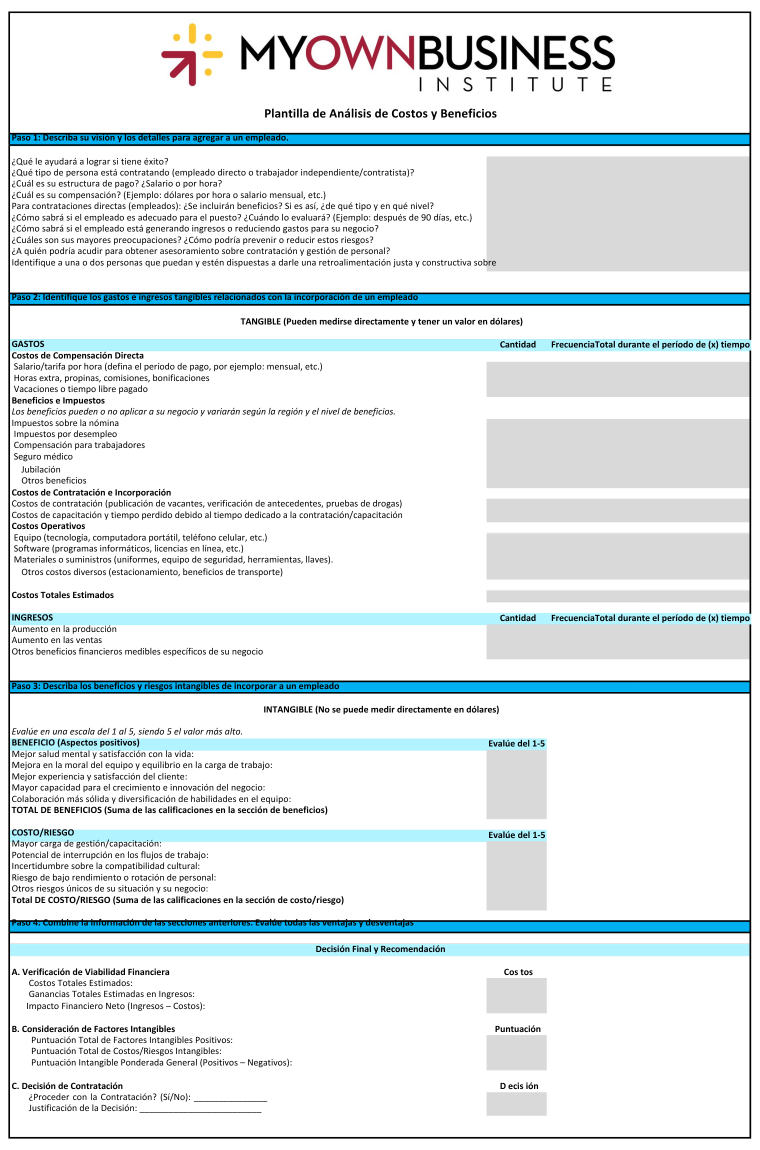 Captura de pantalla de la plantilla de análisis de costo-beneficio de MOBI. Archivo de Excel que muestra una tabla para introducir costes y beneficios tangibles e intangibles.
