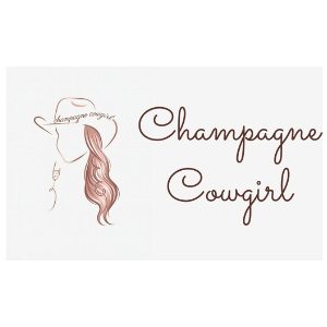 An outline of a woman in a cowboy hat with a decorative champagne glass next to the words Champagne Cowgirl in cursive 