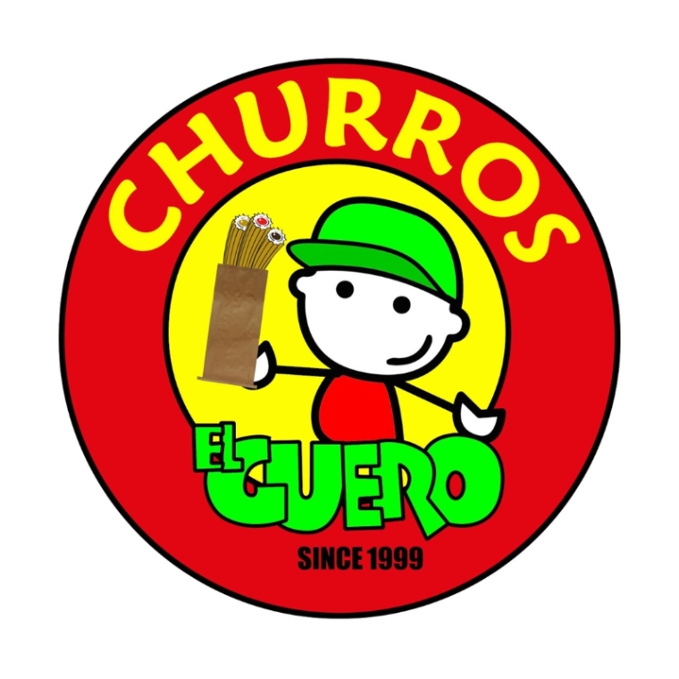 A red circle surrounds a smiling stick figure in a lime green hat and red shirt. In his left hand he holds a bag of three churros with filling. The words 