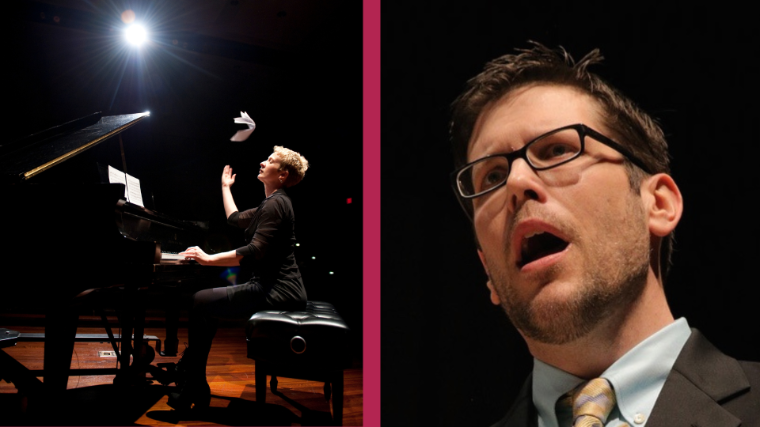 A woman is on stage playing the piano with one hand while tossing sheet music into the air with her other hand. On the other side, a man is singing.